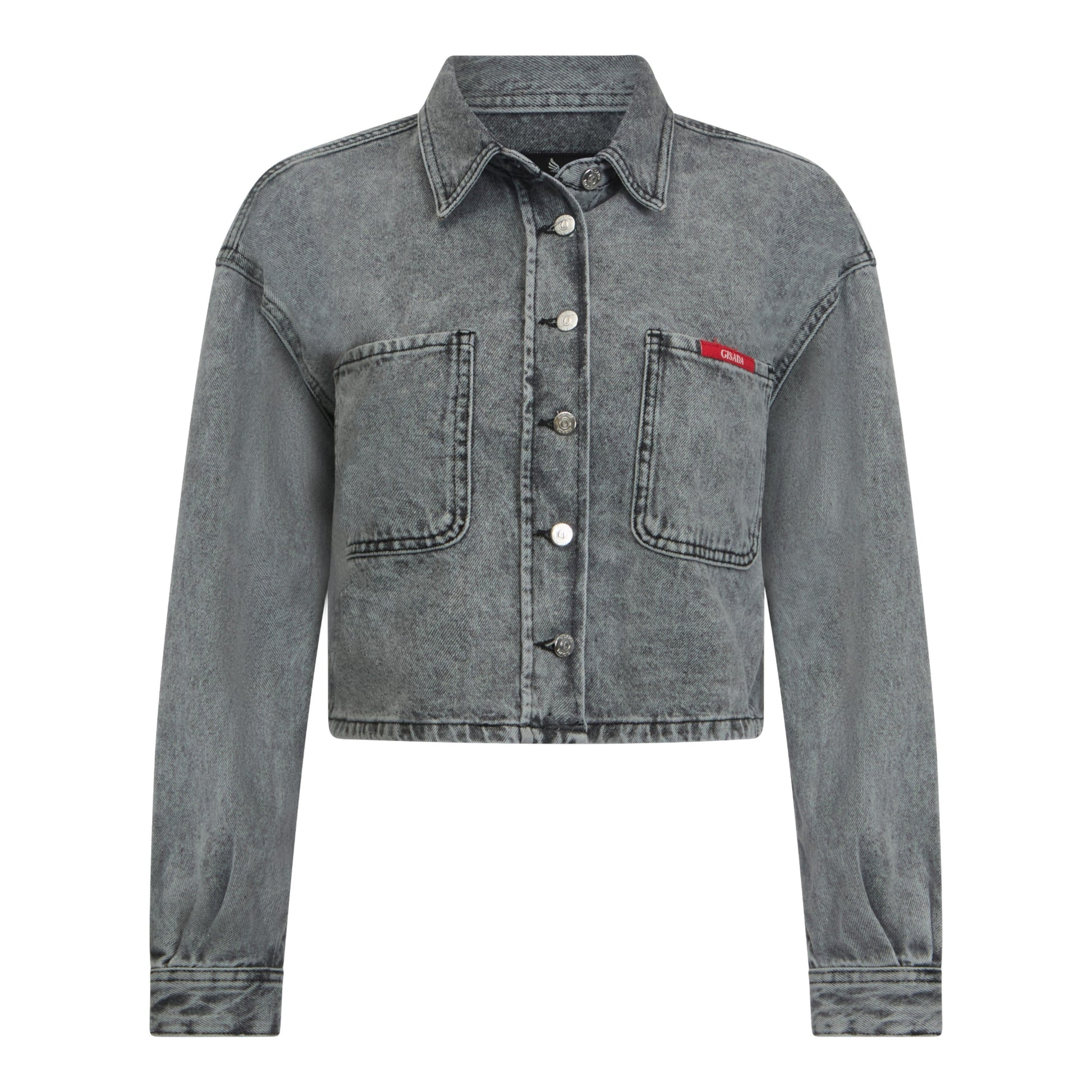 Crop Oversize Denim Shirt with Mini Label Patch - Gisada.com