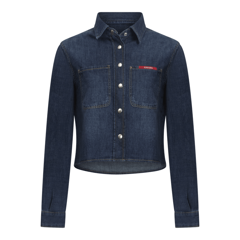Crop Regular Denim Shirt with Gisada Laser Print on Cuff - Gisada.com