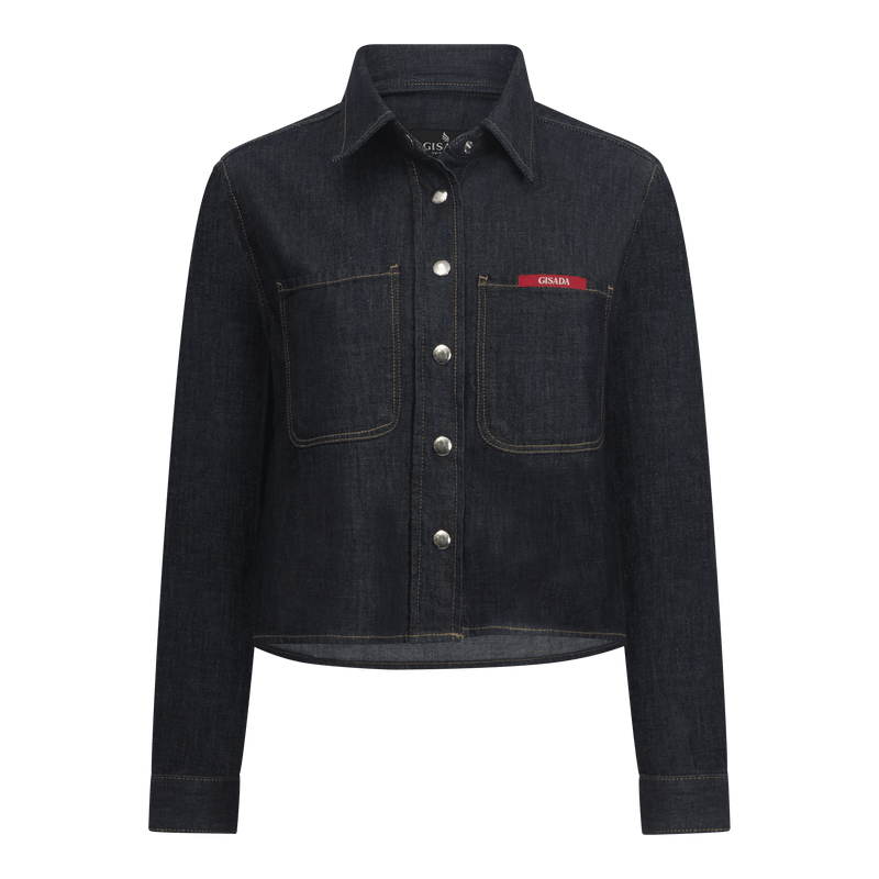 Crop Regular Denim Shirt with Gisada Laser Print on Cuff - Gisada.com