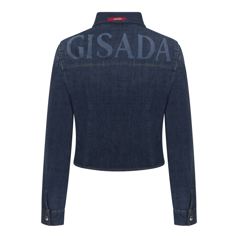 Crop Regular Denim Shirt with Gisada Laser Print on Cuff - Gisada.com