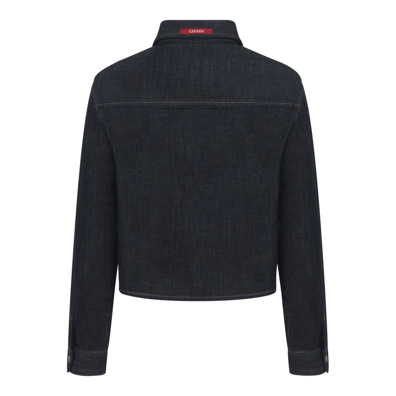 Crop Regular Denim Shirt with Gisada Laser Print on Cuff - Gisada.com