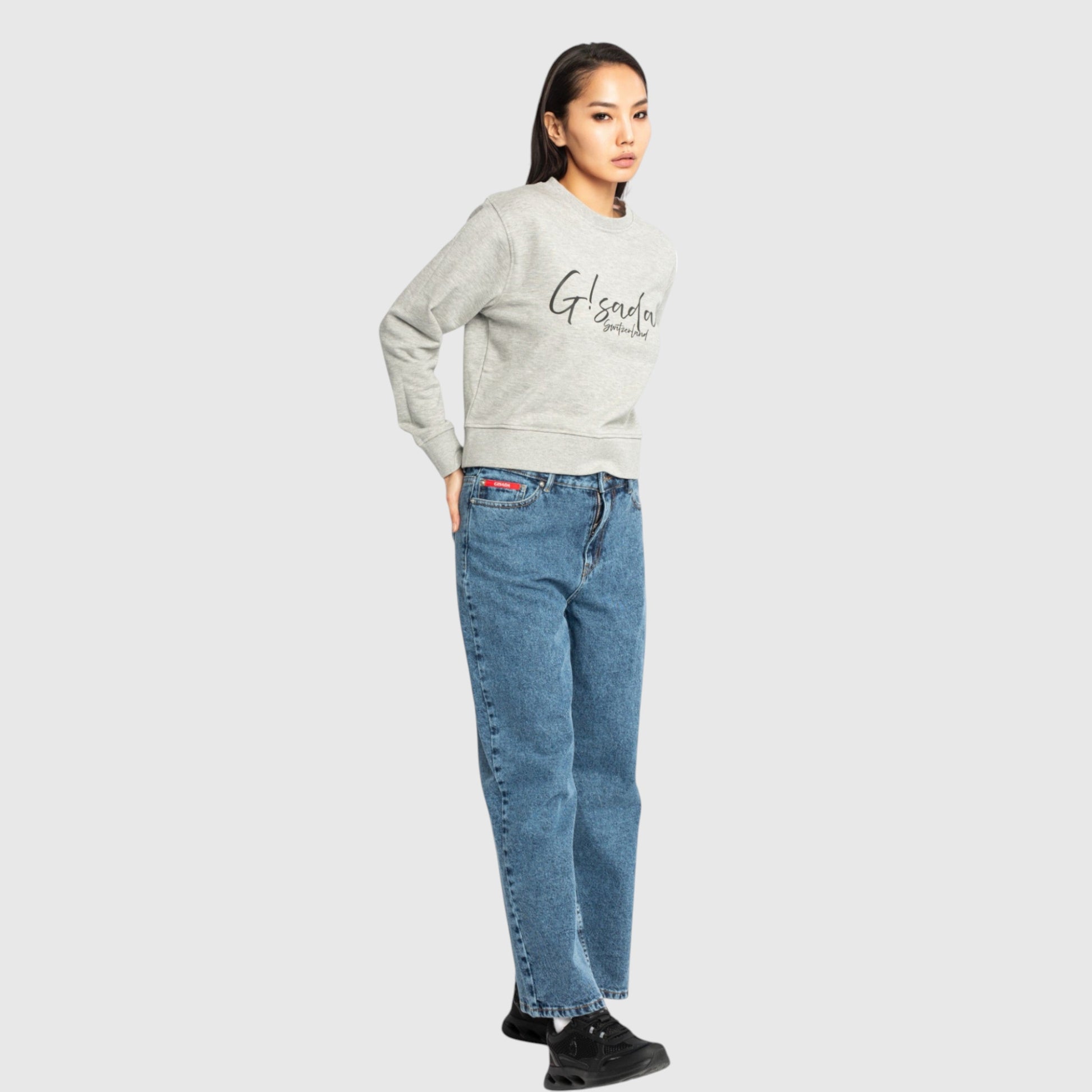 Crop Sweatshirt in Midweight Cotton with Cursive Flock Print - Gisada.com