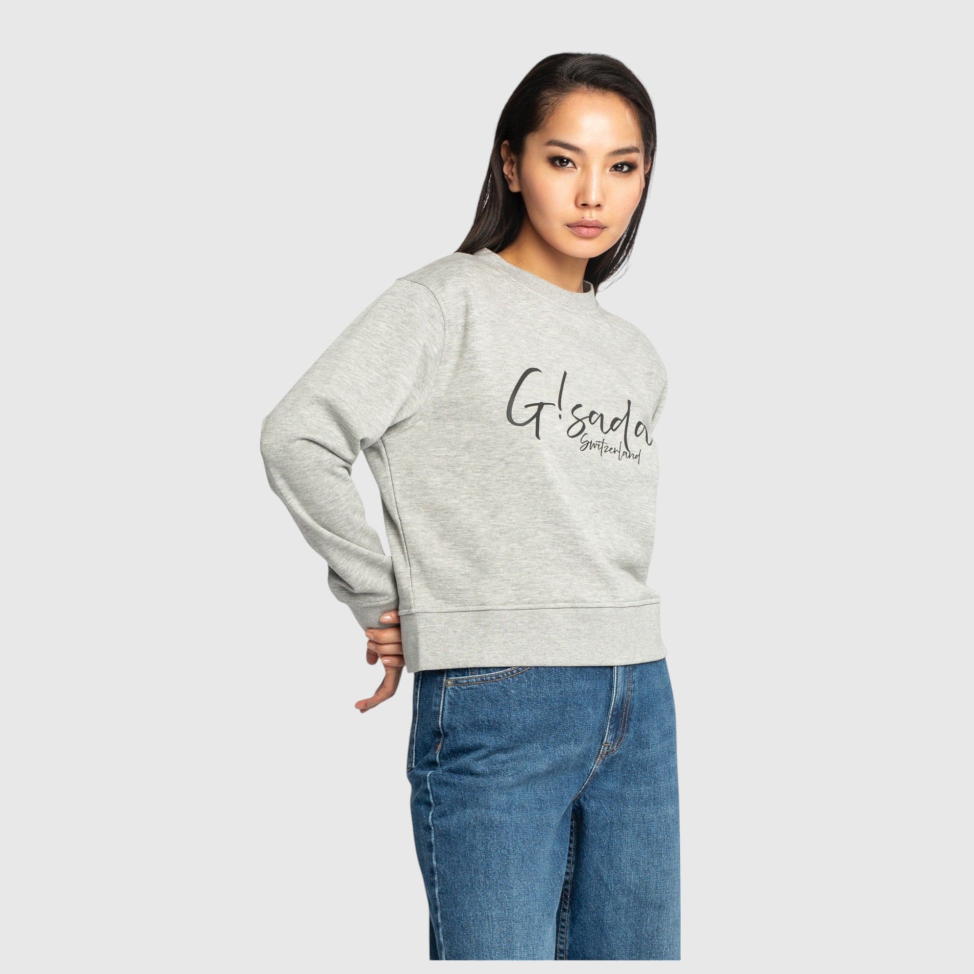 Crop Sweatshirt in Midweight Cotton with Cursive Flock Print - Gisada.com