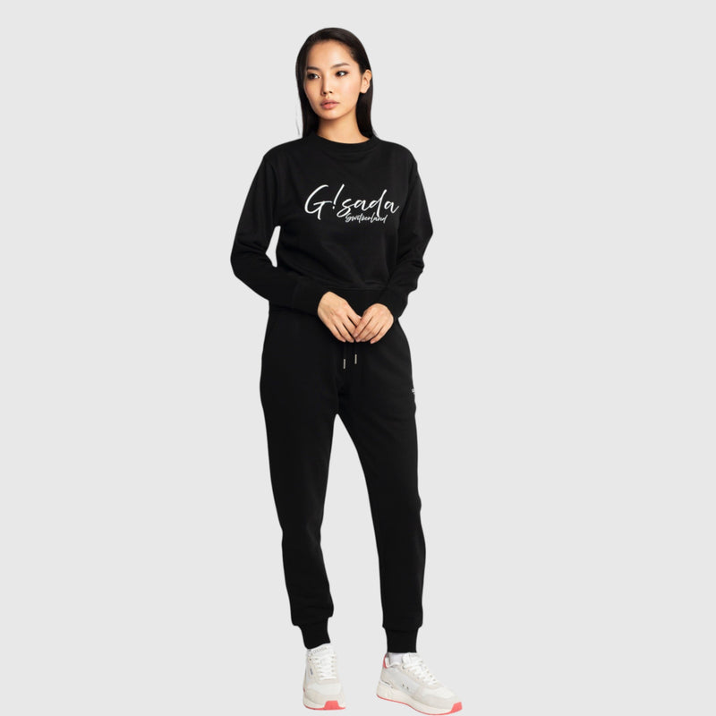 Crop Sweatshirt in Midweight Cotton with Cursive Flock Print - Gisada.com