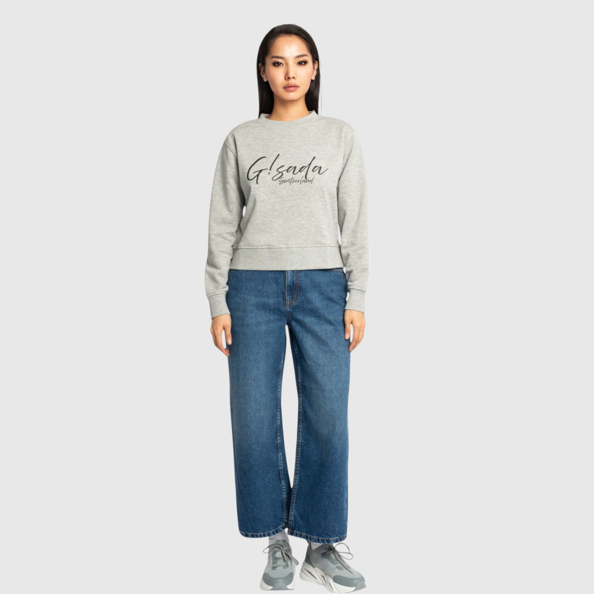 Crop Sweatshirt in Midweight Cotton with Cursive Flock Print - Gisada.com