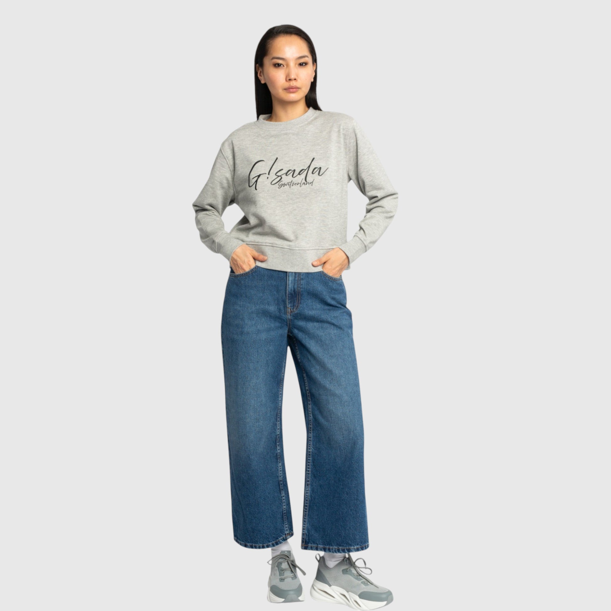 Crop Sweatshirt in Midweight Cotton with Cursive Flock Print - Gisada.com
