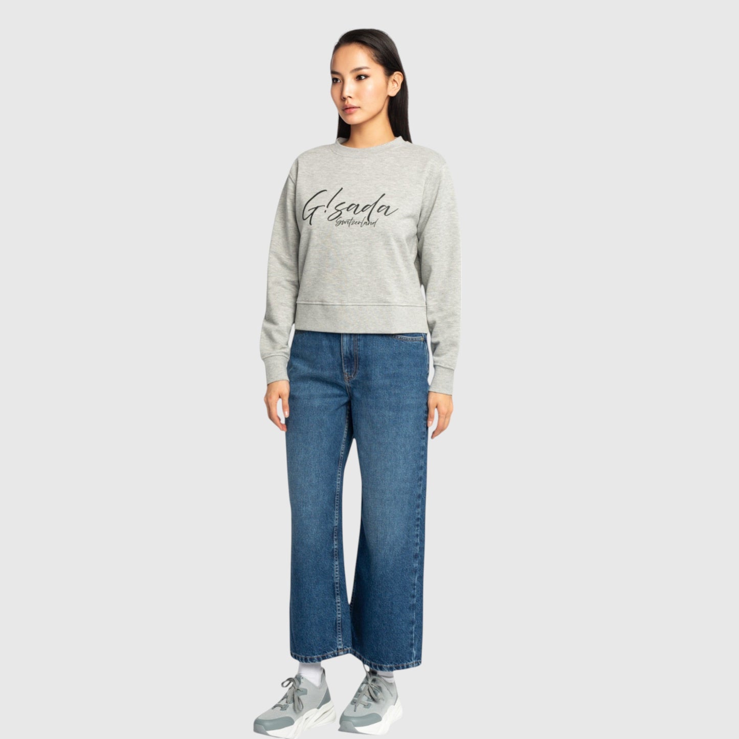 Crop Sweatshirt in Midweight Cotton with Cursive Flock Print - Gisada.com