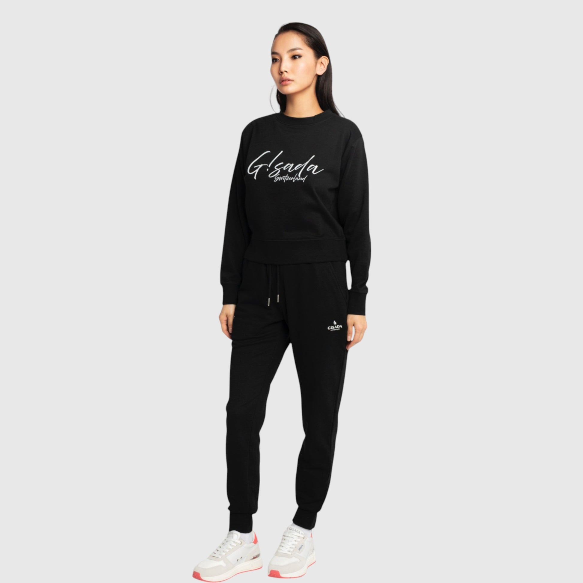 Crop Sweatshirt in Midweight Cotton with Cursive Flock Print - Gisada.com