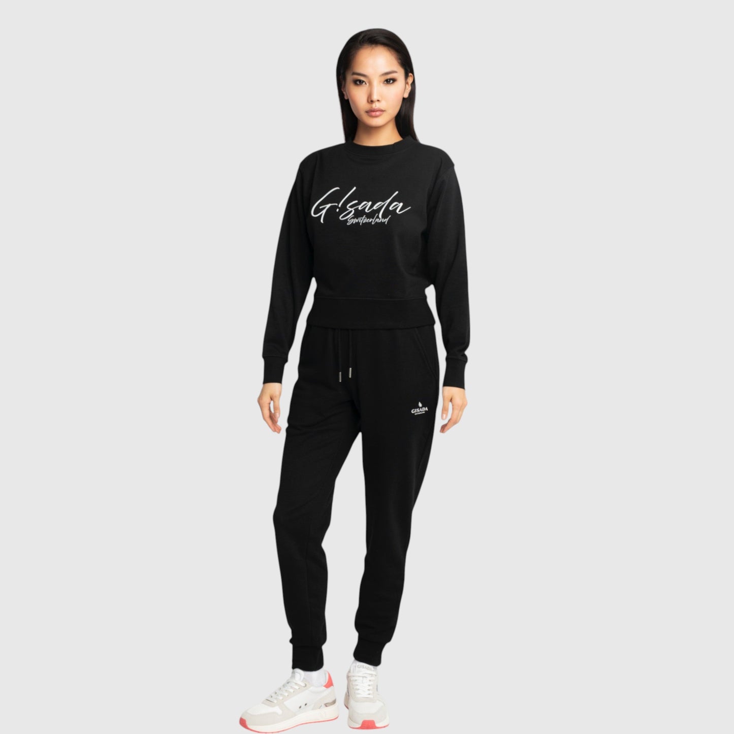 Crop Sweatshirt in Midweight Cotton with Cursive Flock Print - Gisada.com