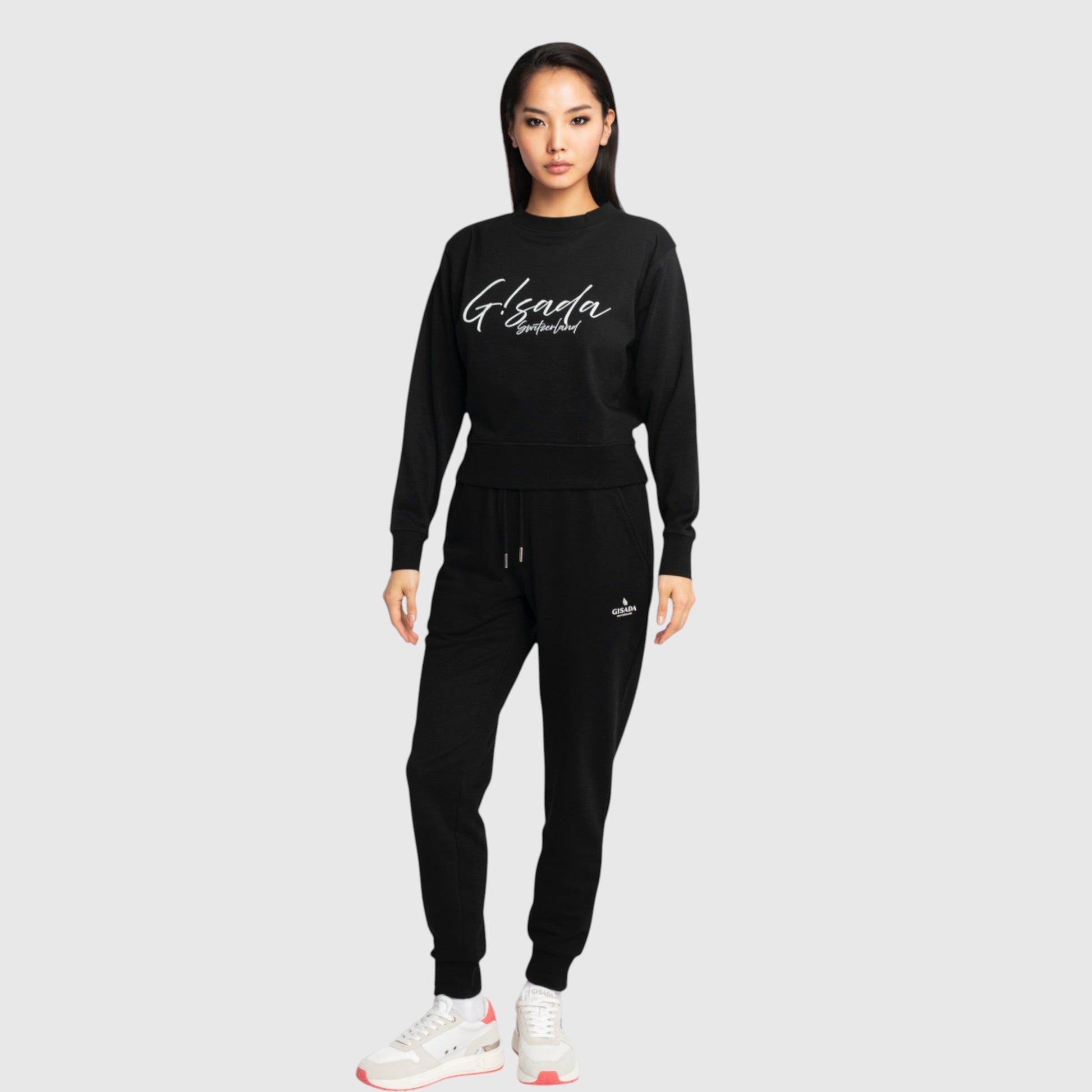 Crop Sweatshirt in Midweight Cotton with Cursive Flock Print - Gisada.com