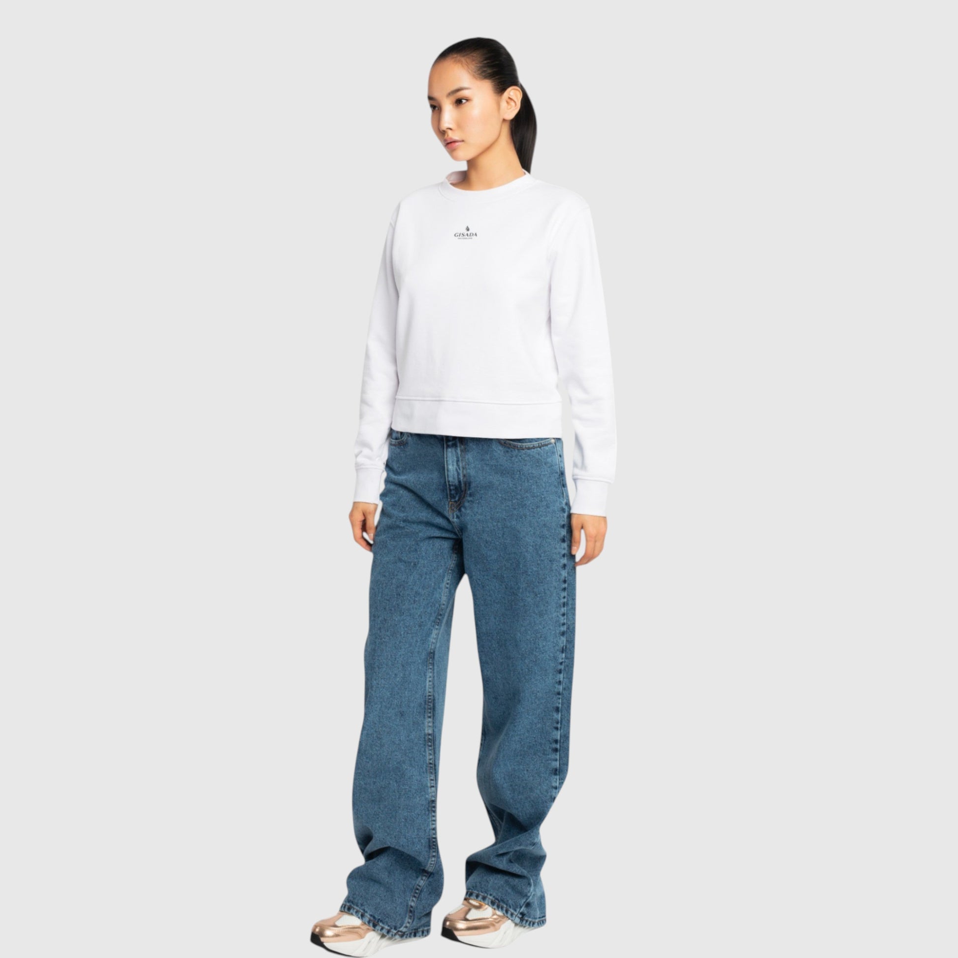 Crop Sweatshirt in Midweight Cotton with Small Silicon Logo - Gisada.com