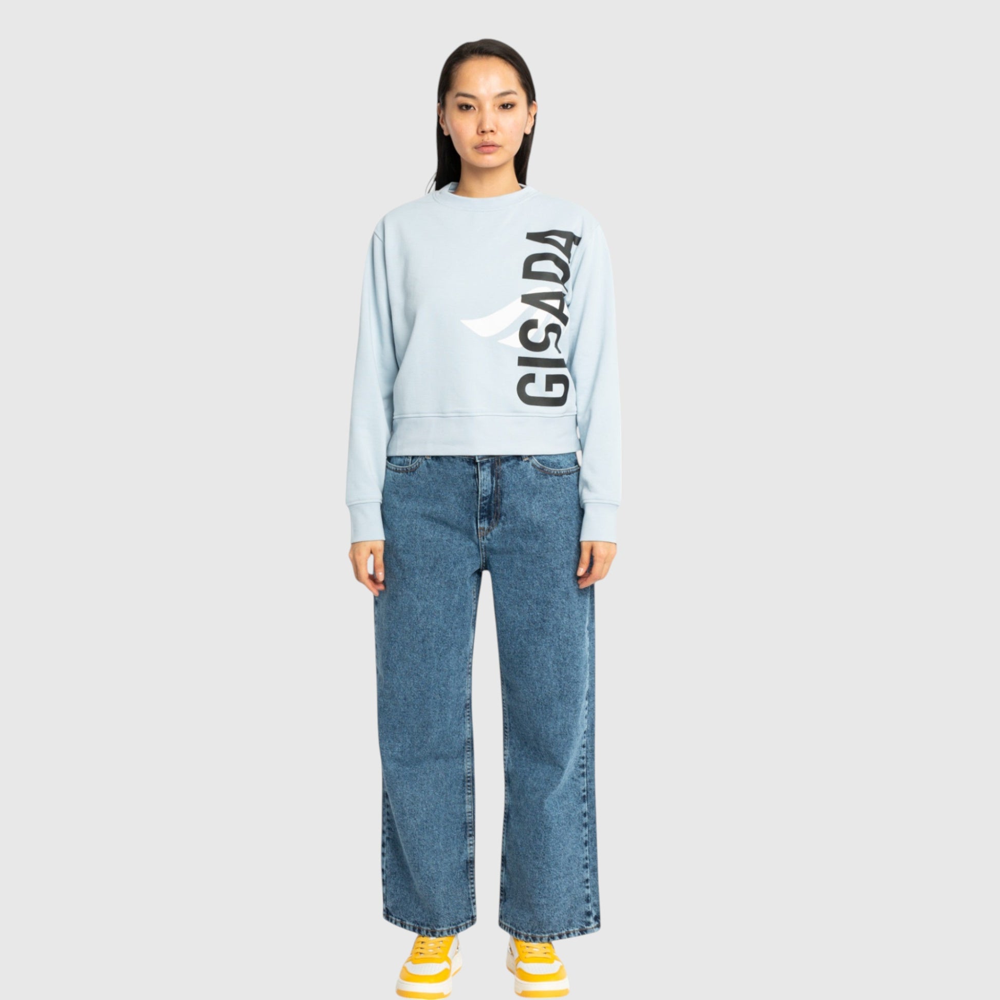 Crop Sweatshirt in Midweight Cotton with Vertical Silicon Print - Gisada.com