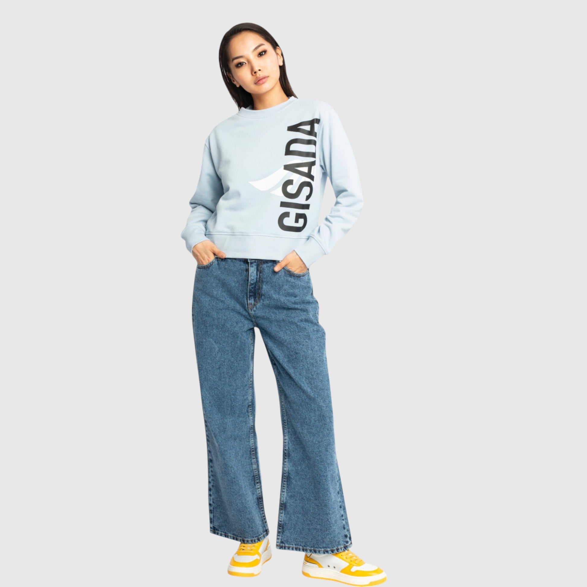 Crop Sweatshirt in Midweight Cotton with Vertical Silicon Print - Gisada.com