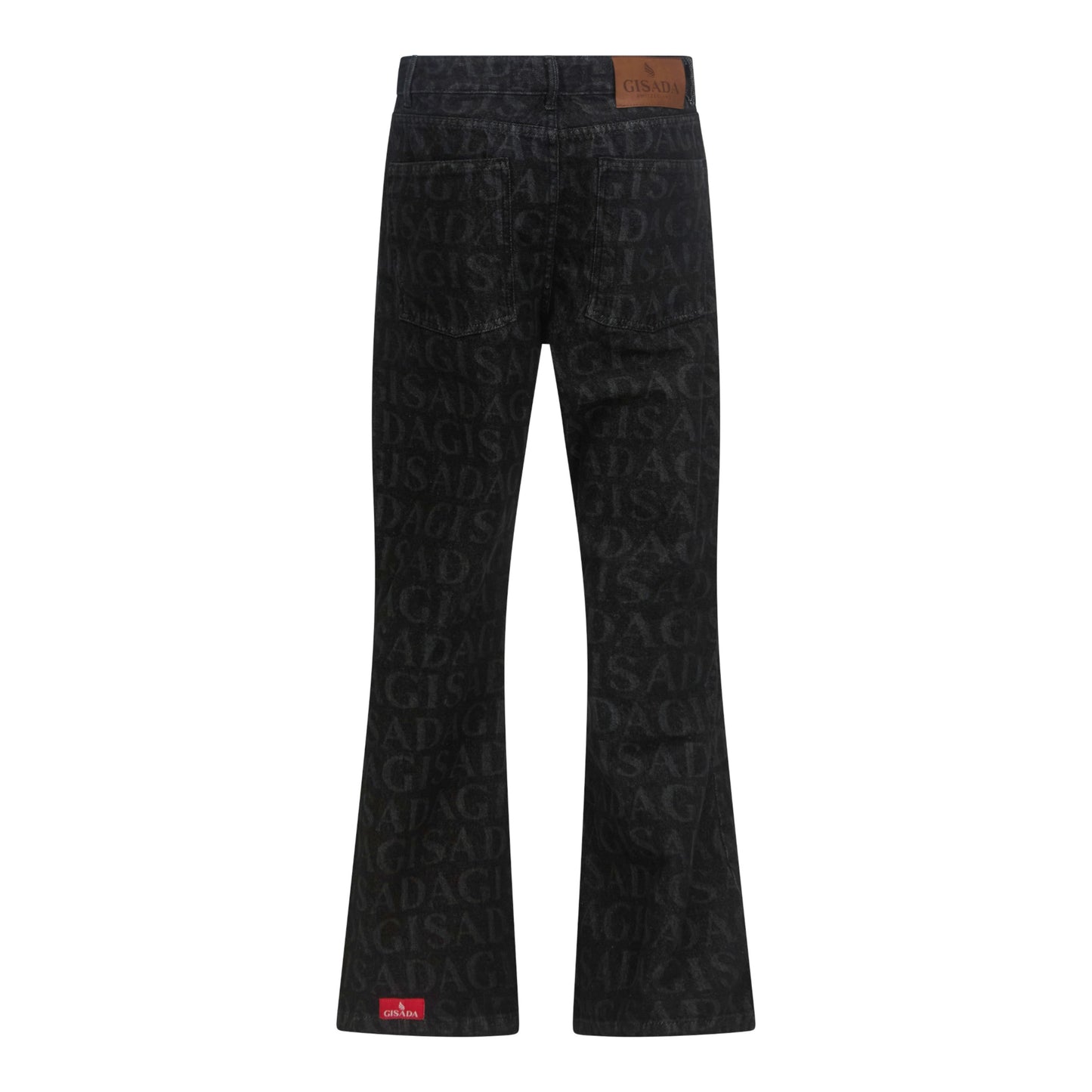 Flared Denim Jeans with Allover Gisada Logo and Inside Bottom Label - Gisada.com