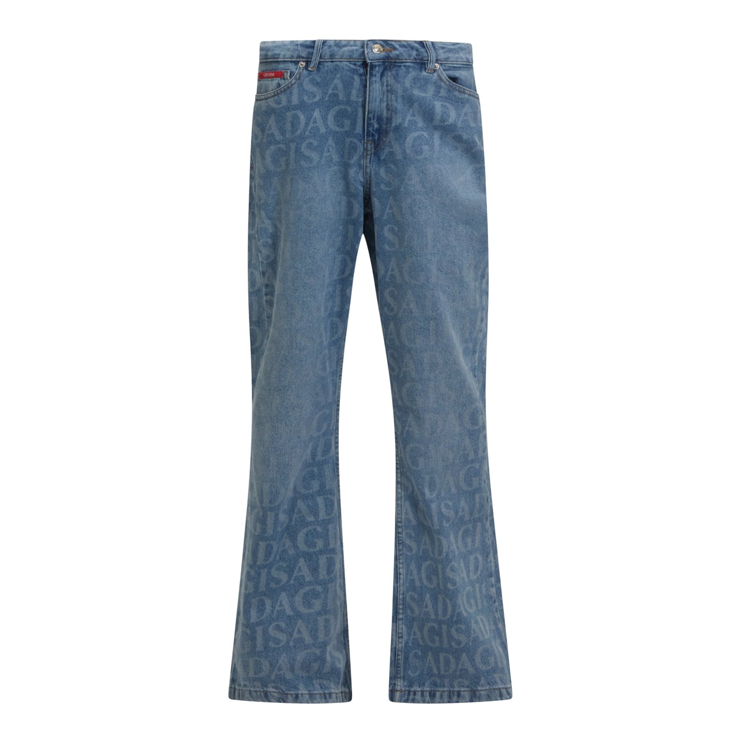 Flared Denim Jeans with Allover Gisada Logo and Inside Bottom Label - Gisada.com