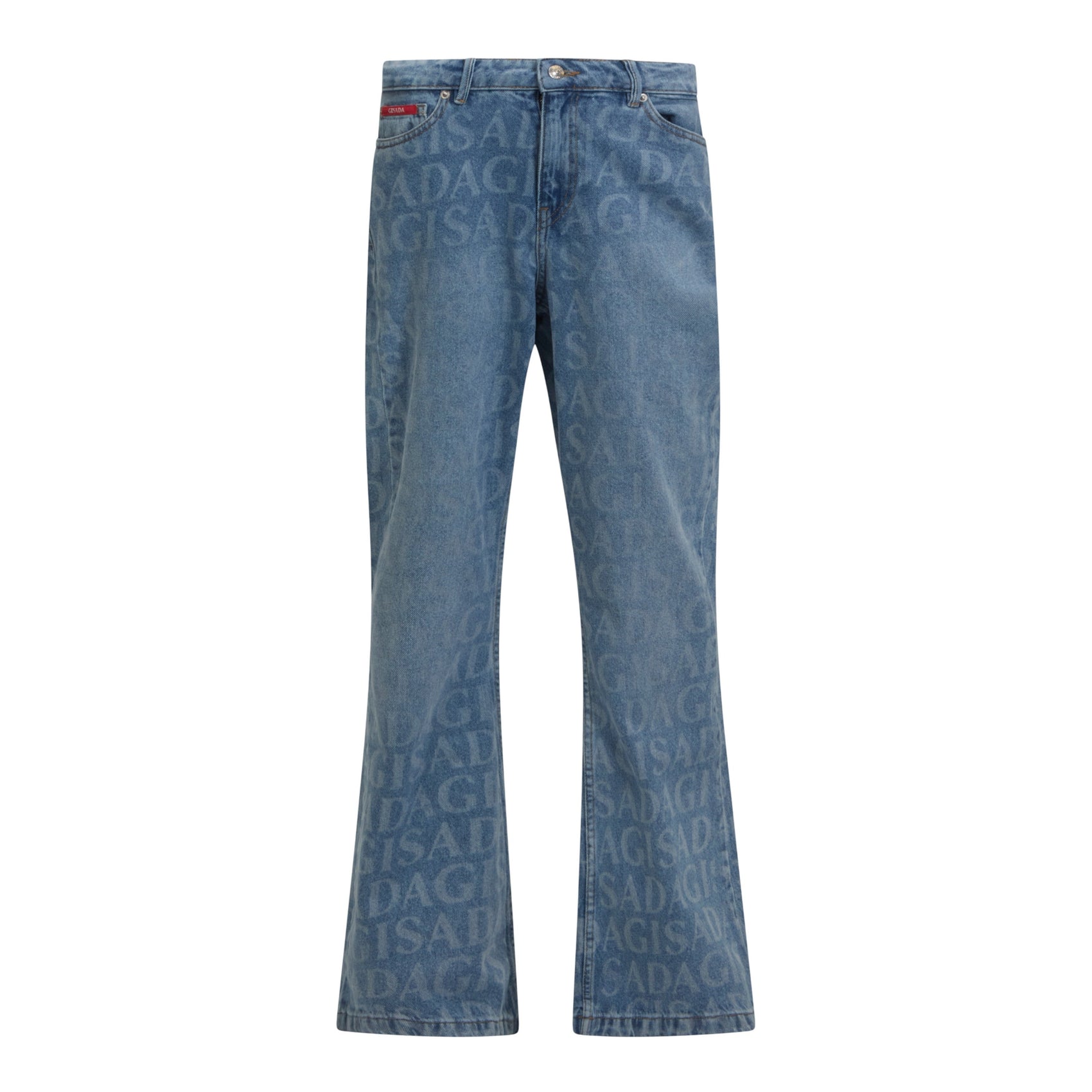 Flared Denim Jeans with Allover Gisada Logo and Inside Bottom Label - Gisada.com