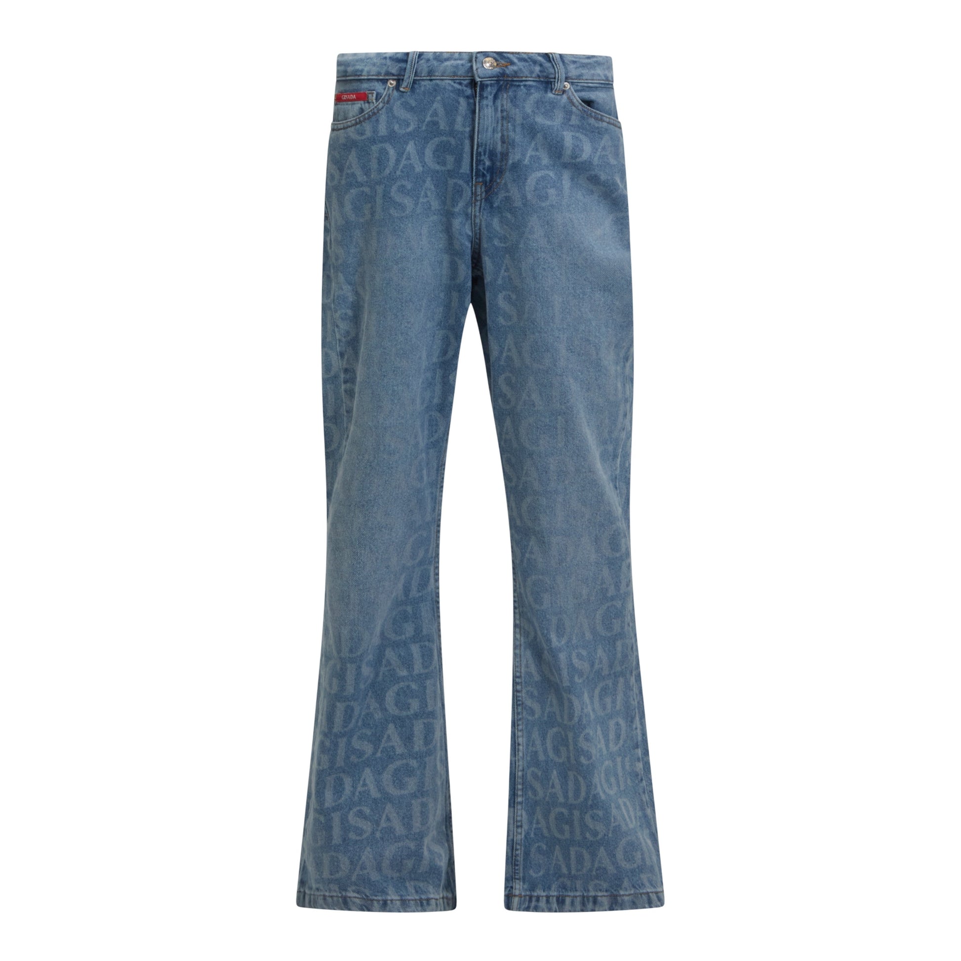 Flared Denim Jeans with Allover Gisada Logo and Inside Bottom Label - Gisada.com