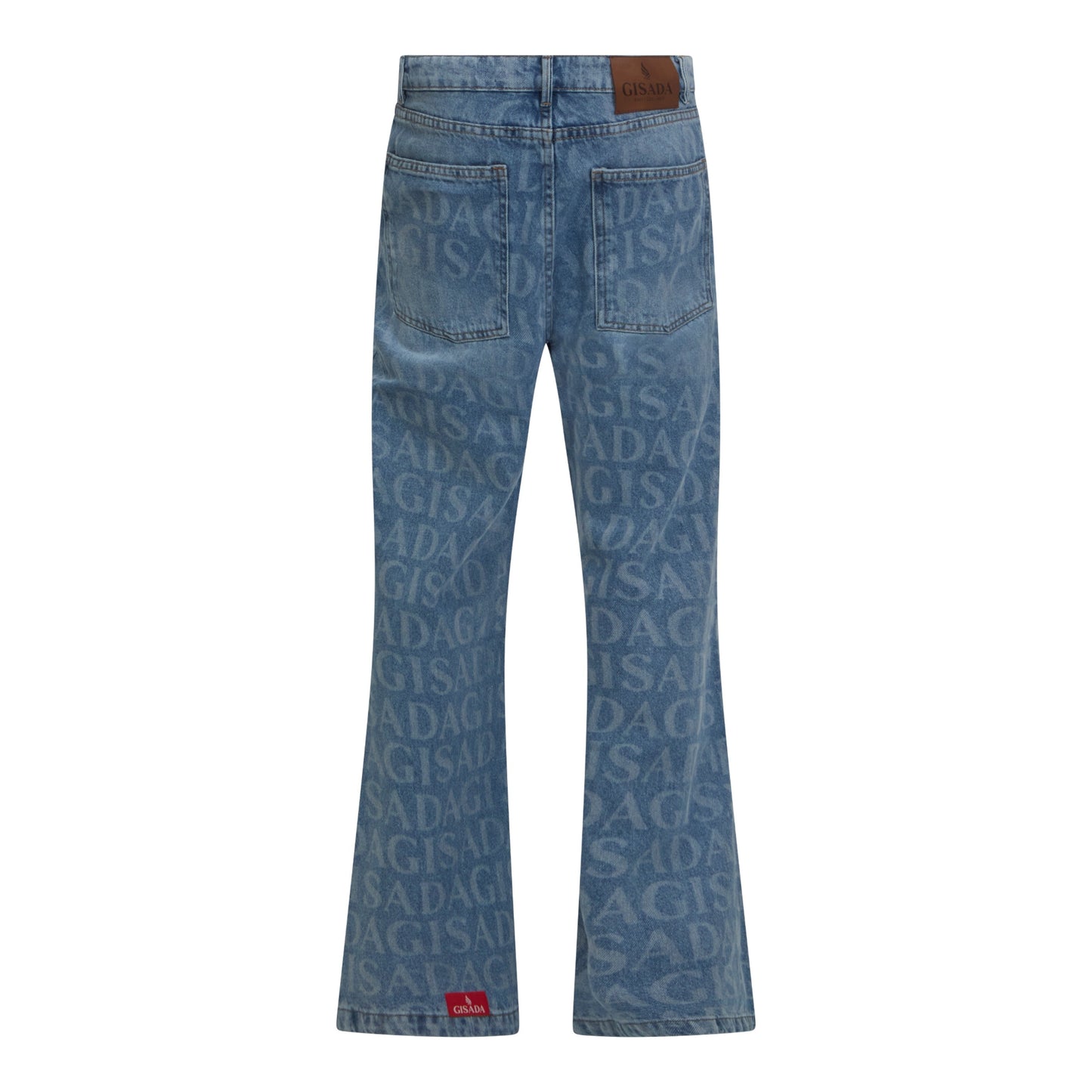 Flared Denim Jeans with Allover Gisada Logo and Inside Bottom Label - Gisada.com