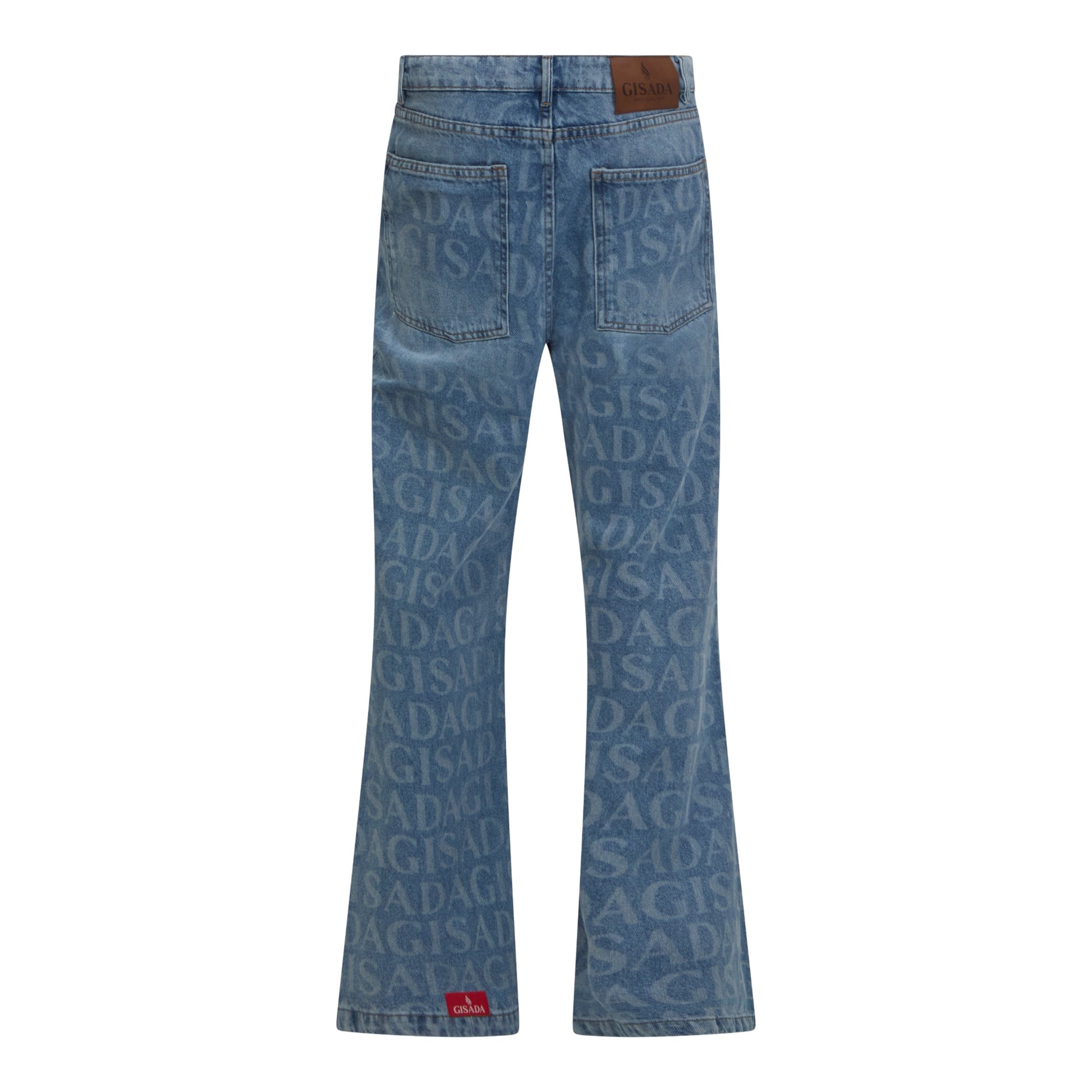 Flared Denim Jeans with Allover Gisada Logo and Inside Bottom Label - Gisada.com