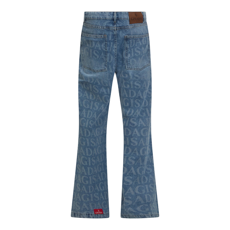 Flared Denim Jeans with Allover Gisada Logo and Inside Bottom Label - Gisada.com