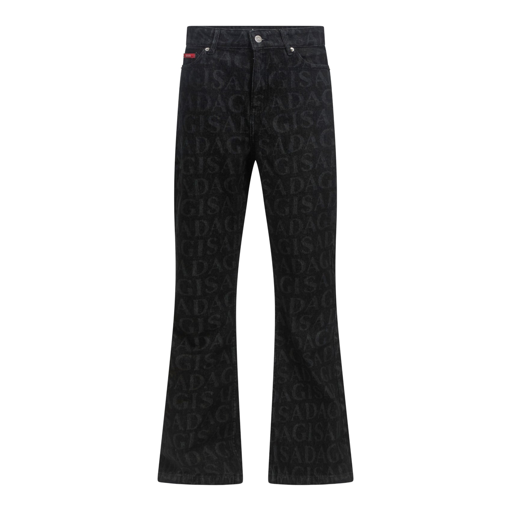 Flared Denim Jeans with Allover Gisada Logo and Inside Bottom Label - Gisada.com