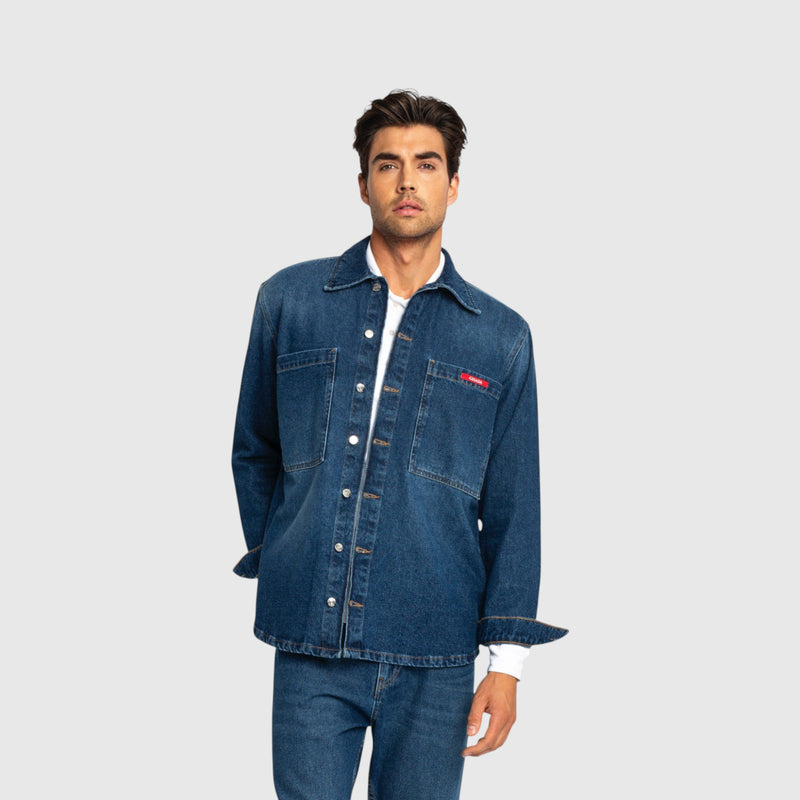 Oversized Denim Shirt with Gisada Logo and Mini Label Patch - Gisada.com