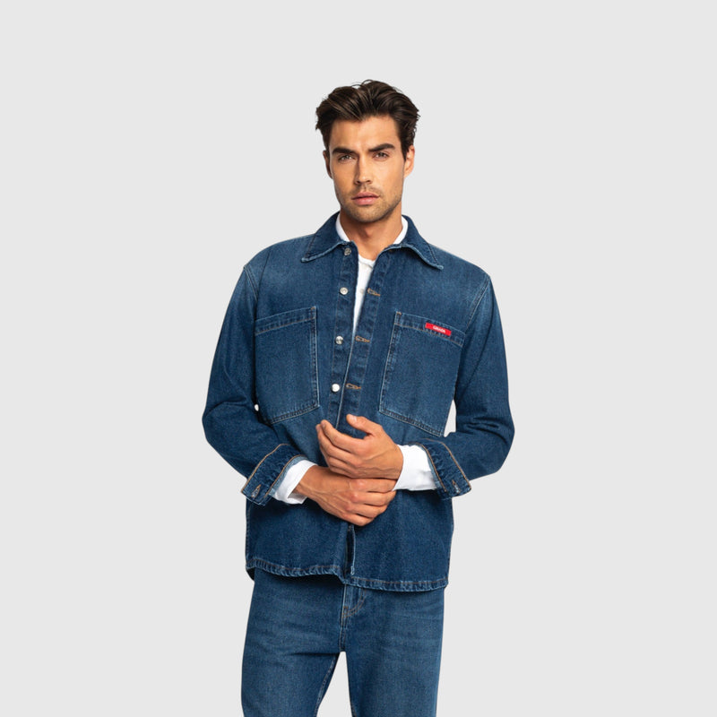 Oversized Denim Shirt with Gisada Logo and Mini Label Patch - Gisada.com