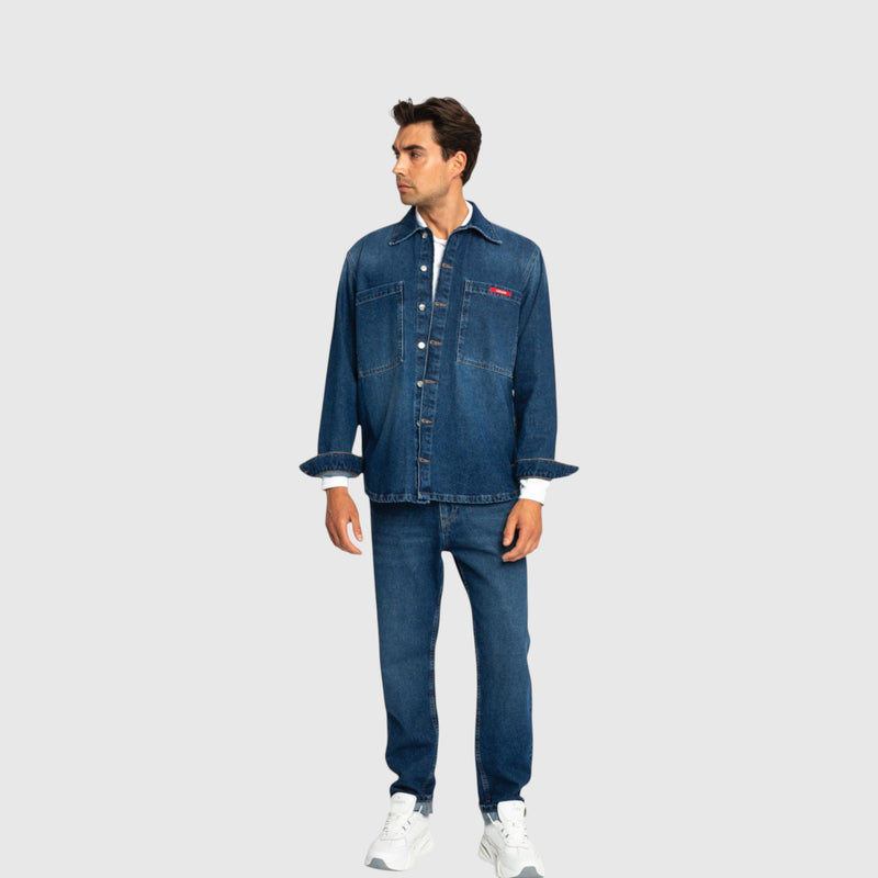 Oversized Denim Shirt with Gisada Logo and Mini Label Patch - Gisada.com