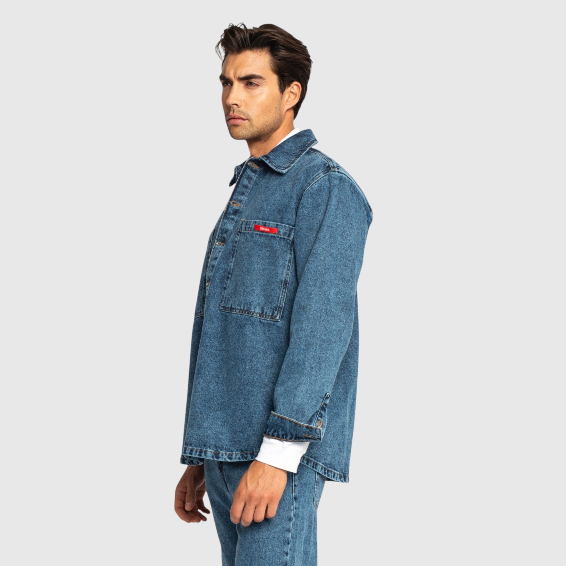 Oversized Denim Shirt with Mini Label Patch - Gisada.com