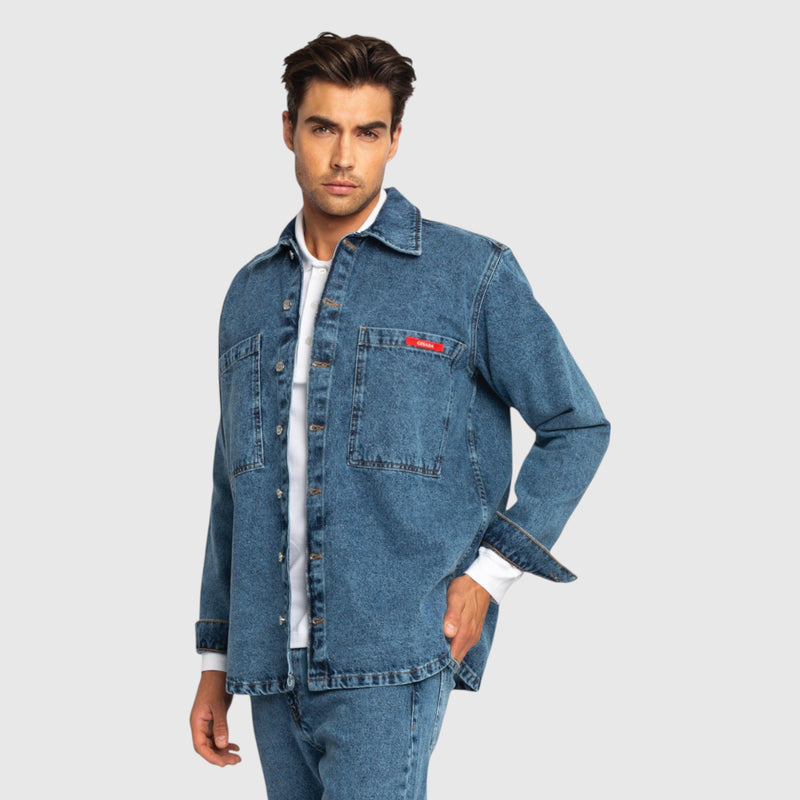 Oversized Denim Shirt with Mini Label Patch - Gisada.com
