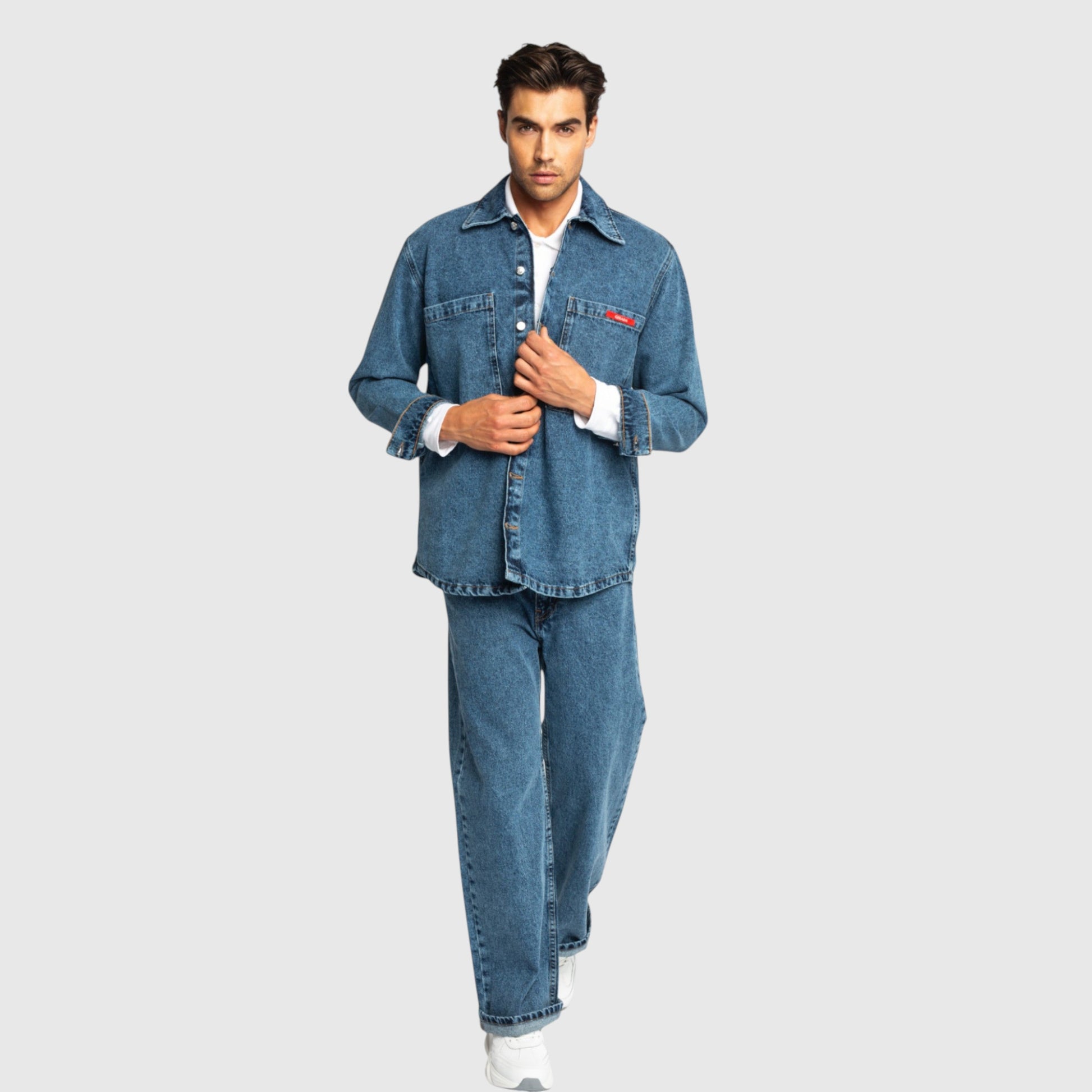 Oversized Denim Shirt with Mini Label Patch - Gisada.com