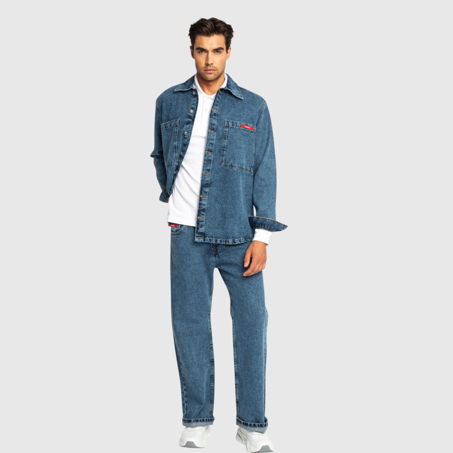 Oversized Denim Shirt with Mini Label Patch - Gisada.com