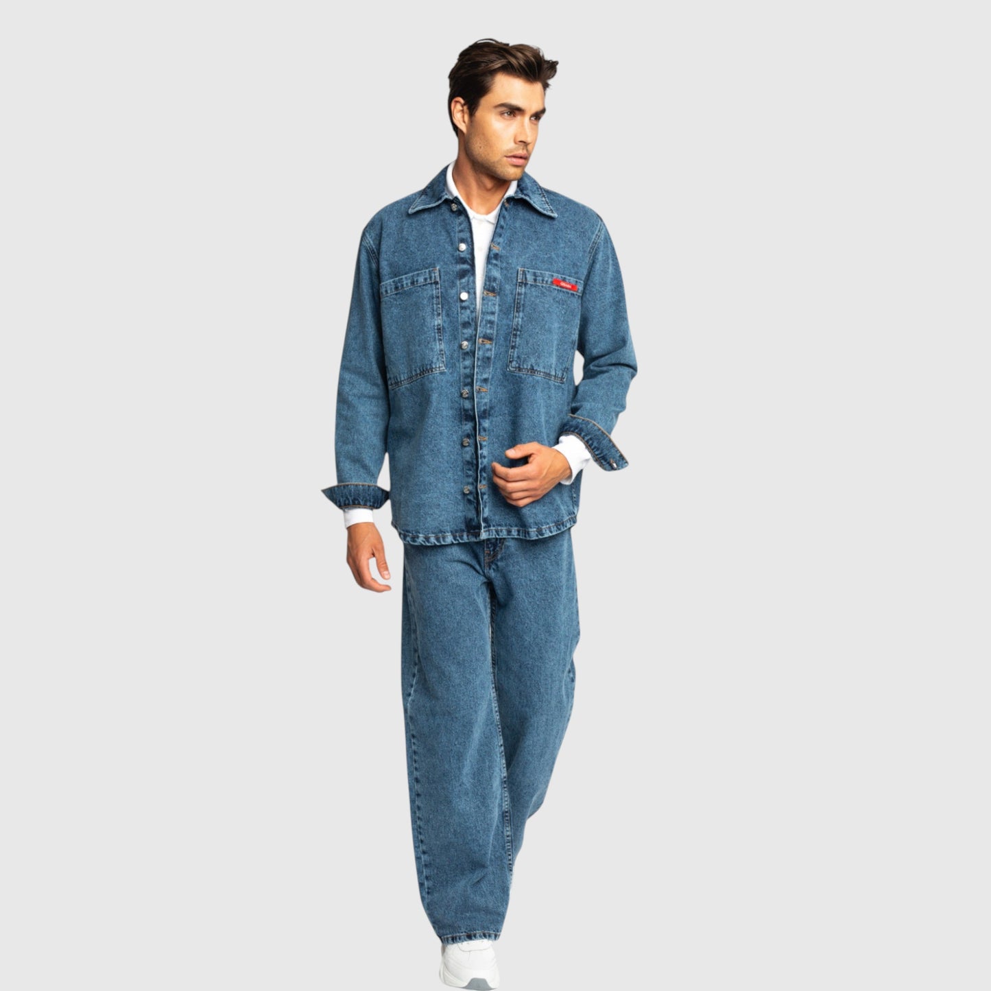 Oversized Denim Shirt with Mini Label Patch - Gisada.com