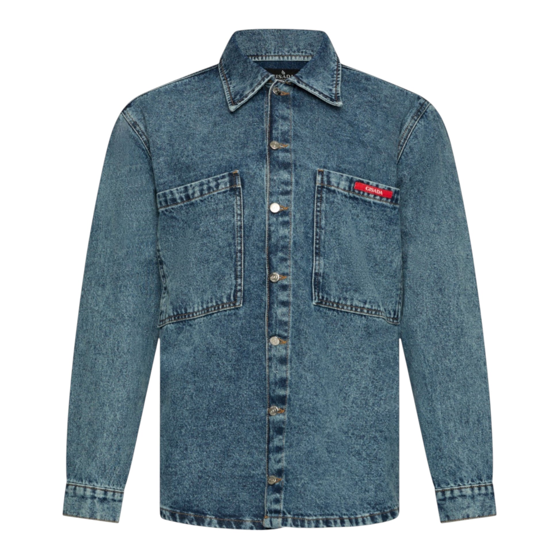 Oversized Denim Shirt with Mini Label Patch - Gisada.com