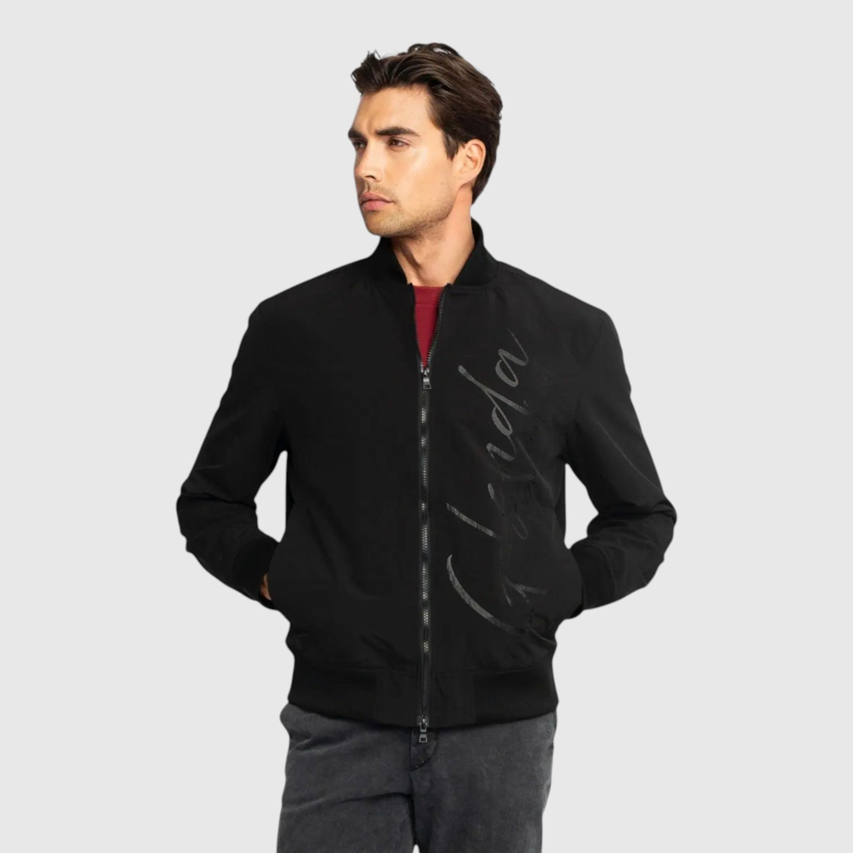 Regular Fit Bomber Jacket in Nylon with Cursive Print - Gisada.com