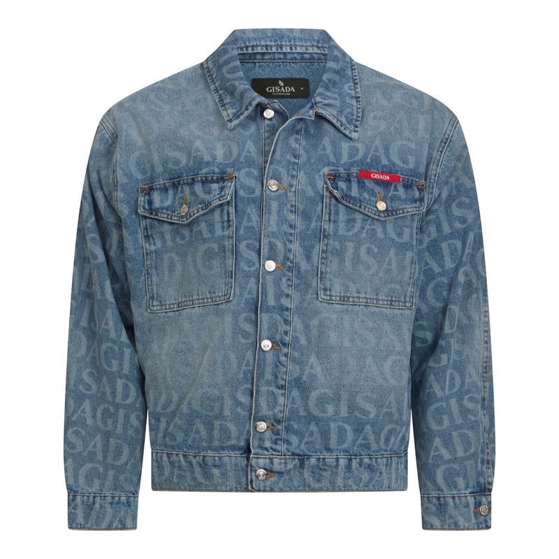 Regular Fit Denim Jacket with Allover Gisada Logo - Gisada.com