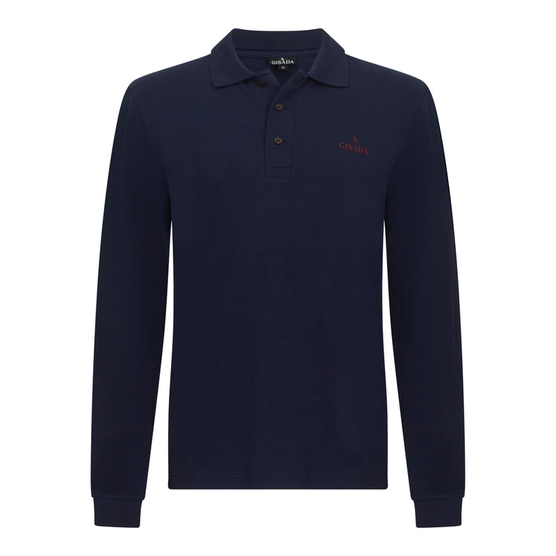Regular Fit Long Sleeves Polo in Premium Cotton with Rubber Logo - Gisada.com