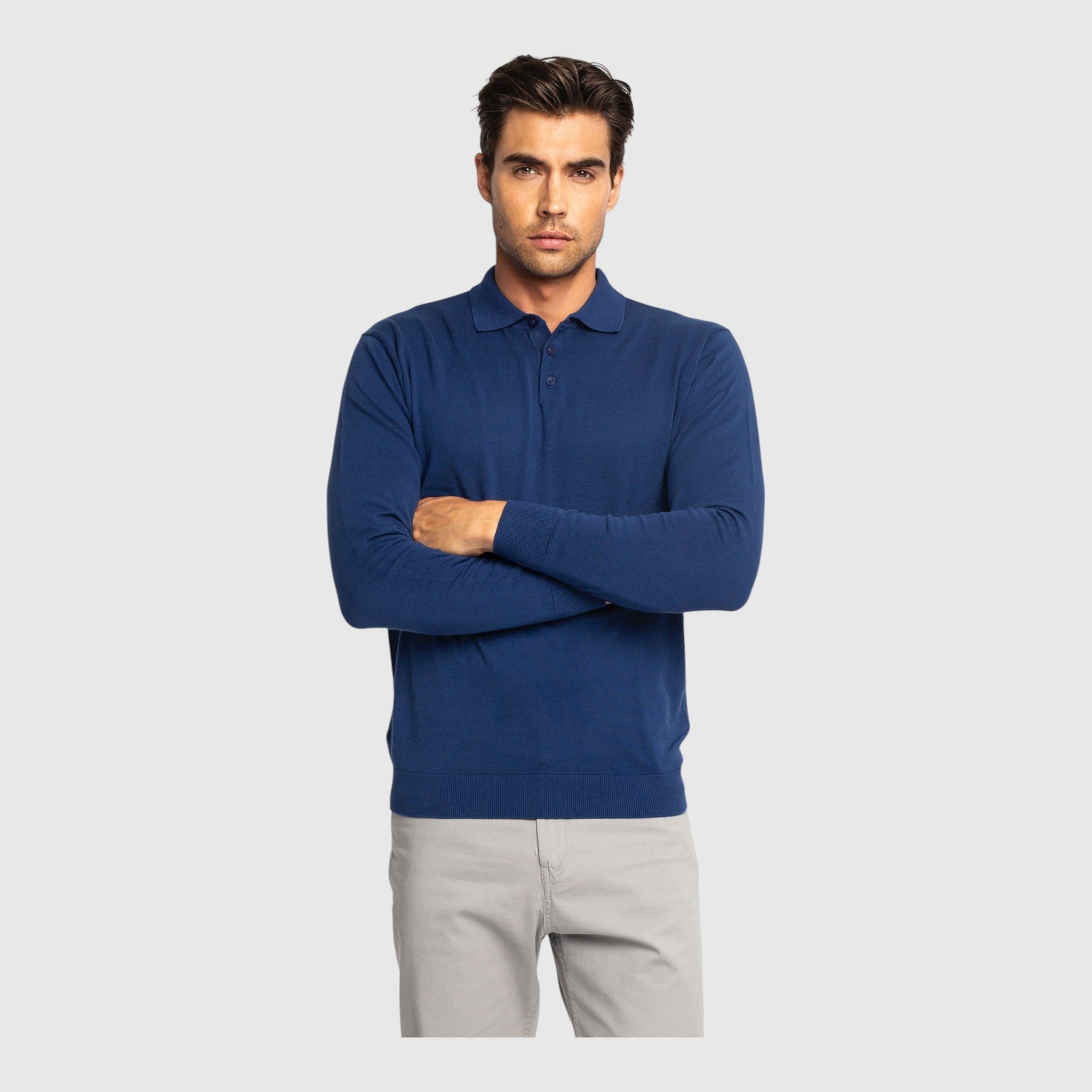 Regular Fit Premium Cotton Long Sleeve Knit Polo with Patch Label - Gisada.com