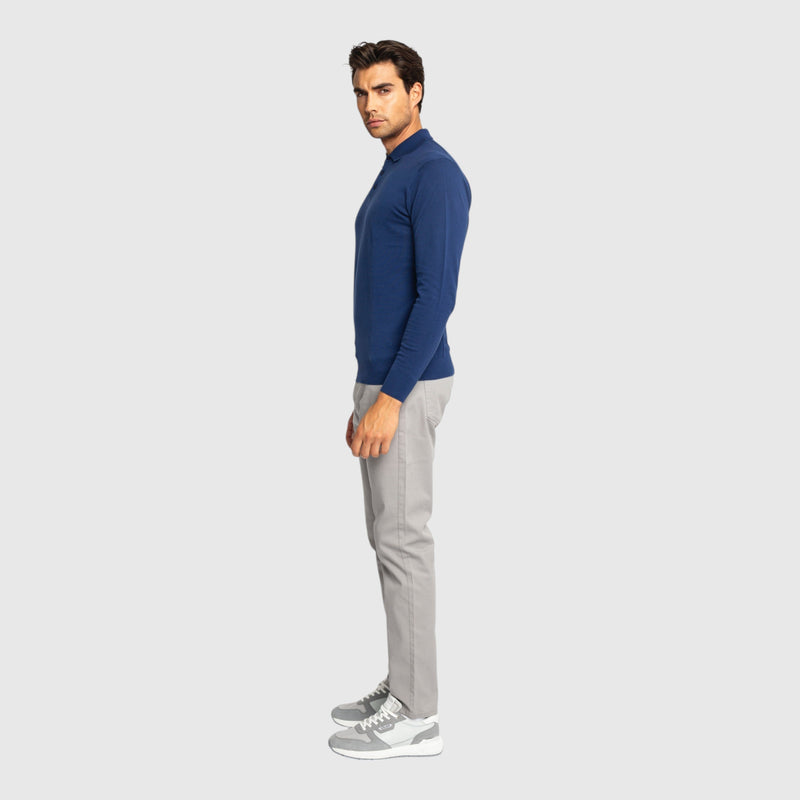 Regular Fit Premium Cotton Long Sleeve Knit Polo with Patch Label - Gisada.com