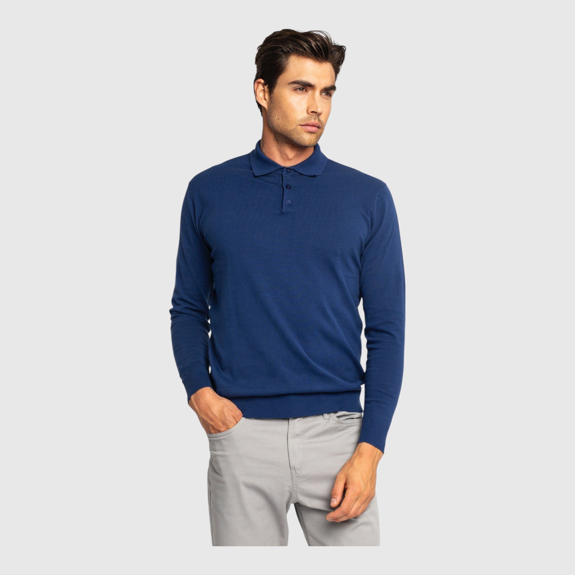 Regular Fit Premium Cotton Long Sleeve Knit Polo with Patch Label - Gisada.com
