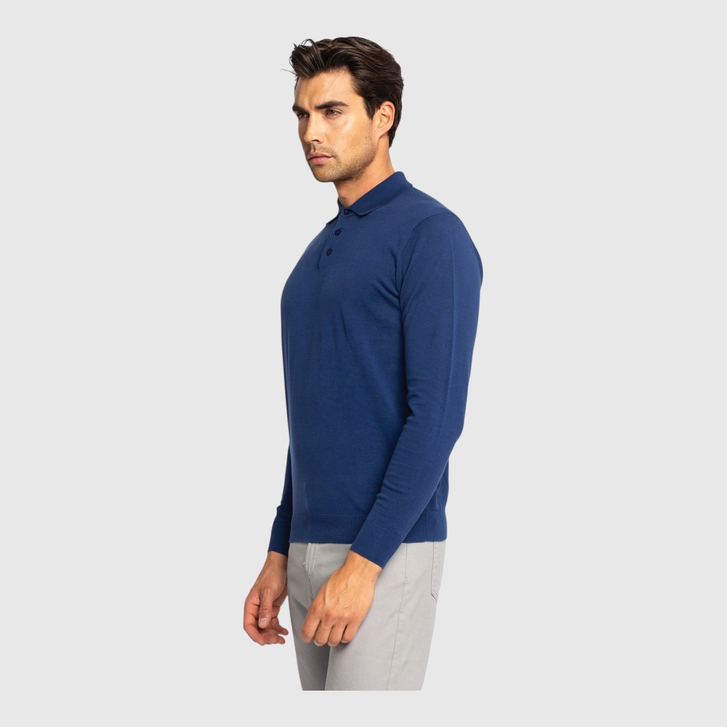 Regular Fit Premium Cotton Long Sleeve Knit Polo with Patch Label - Gisada.com