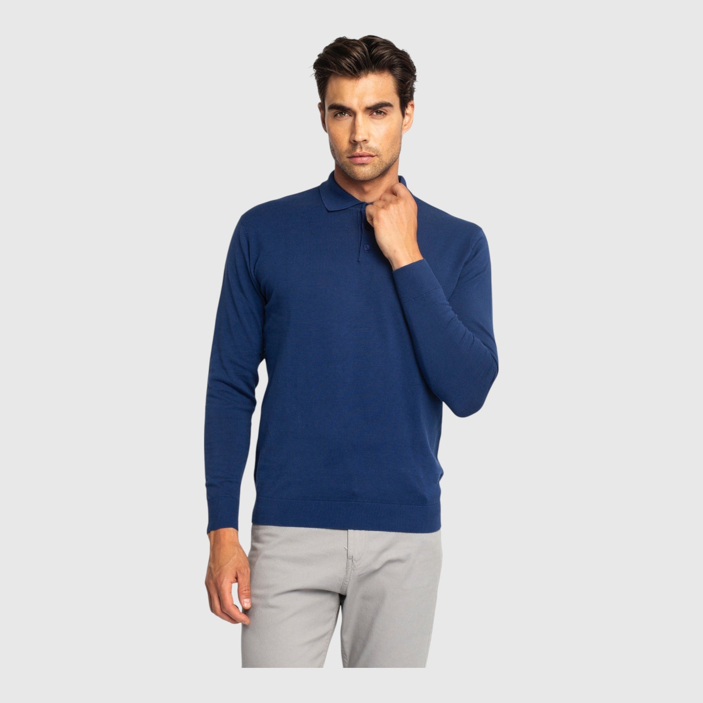 Regular Fit Premium Cotton Long Sleeve Knit Polo with Patch Label - Gisada.com