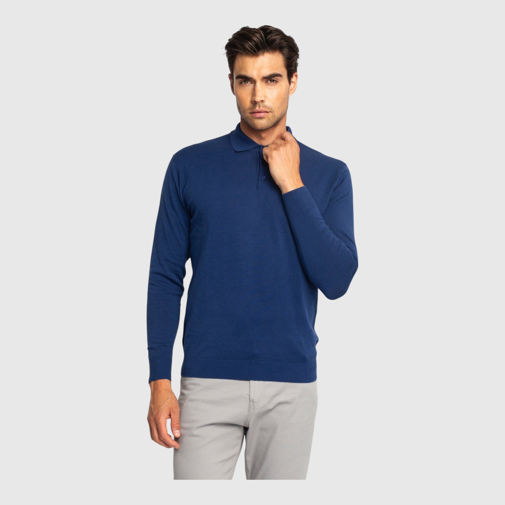 Regular Fit Premium Cotton Long Sleeve Knit Polo with Patch Label - Gisada.com