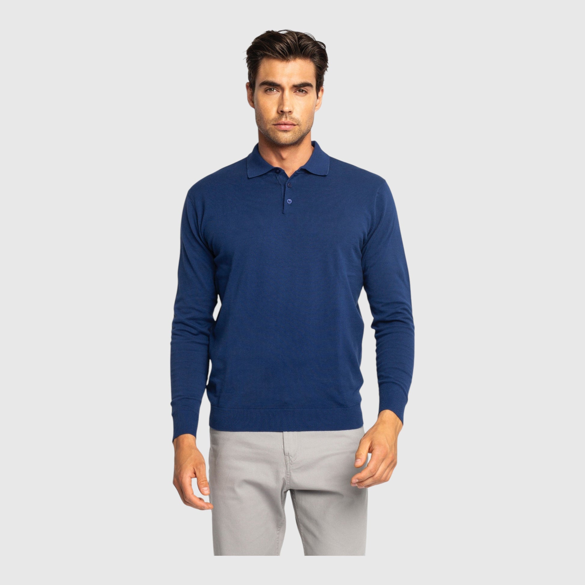Regular Fit Premium Cotton Long Sleeve Knit Polo with Patch Label - Gisada.com