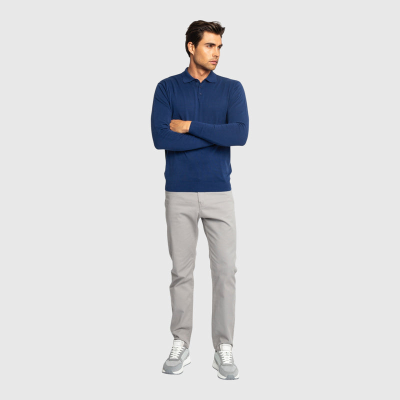 Regular Fit Premium Cotton Long Sleeve Knit Polo with Patch Label - Gisada.com