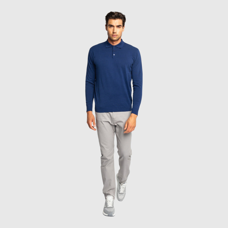Regular Fit Premium Cotton Long Sleeve Knit Polo with Patch Label - Gisada.com