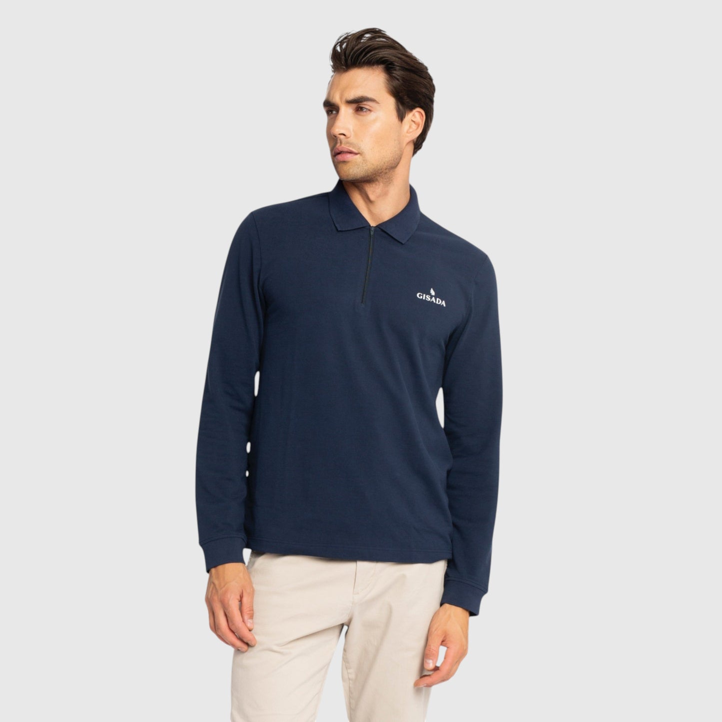 Regular Fit Zip - Up Polo in Luxe Interlock Piquet with Rubber Gisada Logo - Gisada.com
