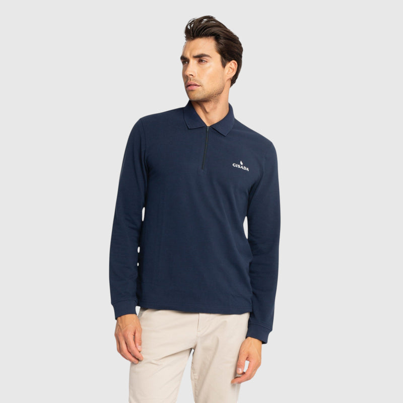 Regular Fit Zip - Up Polo in Luxe Interlock Piquet with Rubber Gisada Logo - Gisada.com
