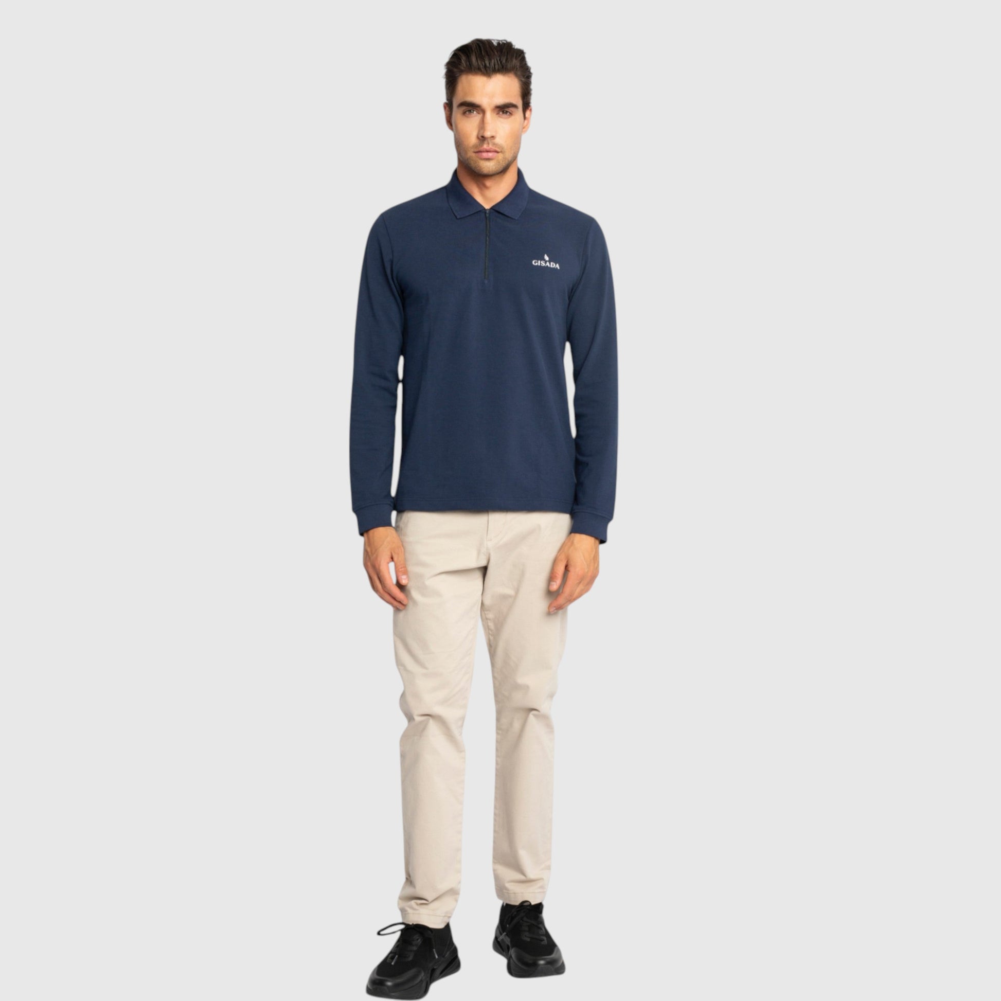 Regular Fit Zip - Up Polo in Luxe Interlock Piquet with Rubber Gisada Logo - Gisada.com