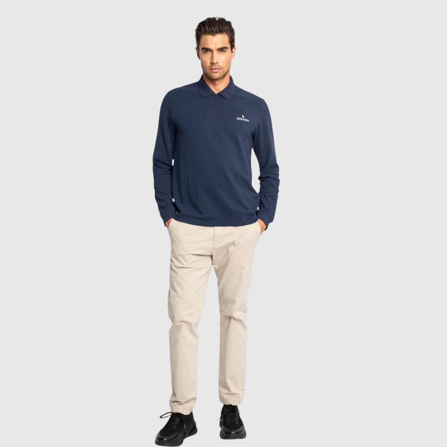 Regular Fit Zip - Up Polo in Luxe Interlock Piquet with Rubber Gisada Logo - Gisada.com